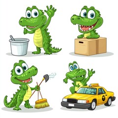 Sticker - Four cartoon crocodiles engaging in various activities like cleaning and driving a taxi.