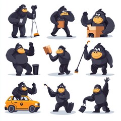 Sticker - Cartoon gorillas engaging in various activities like cleaning, packing, and driving.