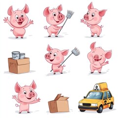 Sticker - A cartoon pig engaging in various activities like cleaning and transporting items.