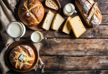 Fresh bread lying on an old wooden table