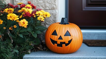 Sticker - Halloween pumpkin jack o' lantern and flowers on front porch, exterior home decor, seasonal decorations, copyspace 