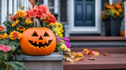 Wall Mural - Halloween pumpkin jack o' lantern and flowers on front porch, exterior home decor, seasonal decorations, copyspace 