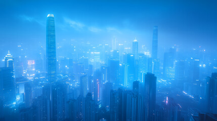 Wall Mural - Nighttime city skyline shrouded in mist and blue light