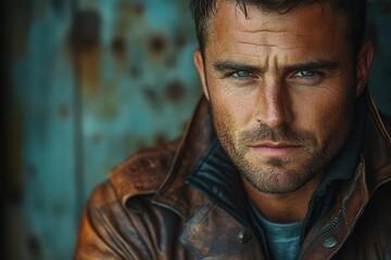 Wall Mural - brooding portrait of a rugged man in weathered leather jacket face halfshadowed eyes intense against a textured industrial backdrop