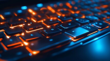 Poster - A close-up of a futuristic computer keyboard with glowing orange and blue lights, symbolizing innovation, technology, gaming, connectivity, and digital communication.