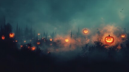 Wall Mural - Foggy Night with Launched Pumpkins. Halloween background