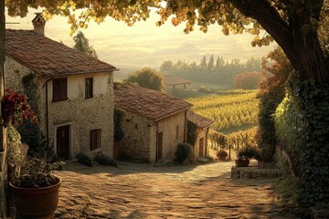 Wall Mural - Charming countryside scene with rustic houses and vineyards under golden sunlight. A peaceful retreat for nature lovers. This image captures rural beauty. Generative AI