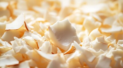 A close-up photograph of white coconut flakes, showcasing their natural texture and delicate appearance. Perfect for adding a touch of tropical sweetness to recipes or highlighting the beauty of natur