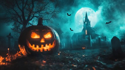 Poster - Pumpkin zombie Rising Out Of A Graveyard cemetery and church In Spooky scary dark Night full moon bats on tree. Holiday event halloween banner background concept 