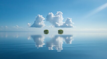 Wall Mural - A serene seascape with two small islands, their verdant foliage mirroring the tranquil blue waters below. The sky is adorned with fluffy white clouds, reflecting in the still surface, creating a sense