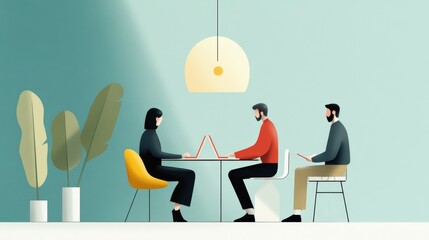 Poster - A minimalist illustration of three colleagues working together in a modern office space, showcasing teamwork, communication, and collaboration. The image highlights the importance of a shared workspac