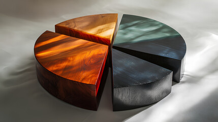 Wall Mural - A wooden pie chart, with each slice colored in a different way. The light is shining from the right side,