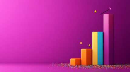 Poster - A vibrant bar chart showcasing upward growth with a rising arrow and golden stars symbolizing achievement and success. The colorful bars represent progress towards a goal, creating a positive and moti