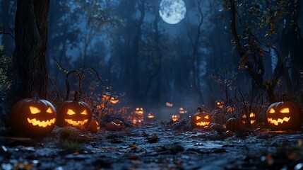 Poster - Halloween pumpkins in the forest at night. 3D rendering. Halloween background with Evil Pumpkin. Spooky scary dark Night forest. Holiday event halloween banner background concept. 