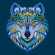 © Design Gallary - Create a highly detailed and colorful mandala-style wolf head with intricate patterns and symmetrical design.