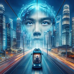 Wall Mural - Tram Driver's View A close up of the tram driver's face is set a