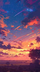 Wall Mural - anime twilight sky over a desert landscape with rich earth colors and soft fading light, creating a serene and expansive atmosphere