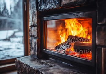 Wall Mural - fireplace with logs in front of a window with snow outside