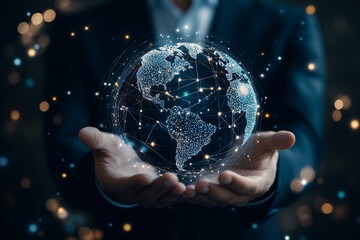 Businessman in a suit holding a glowing, interconnected digital globe, representing global networks and technology