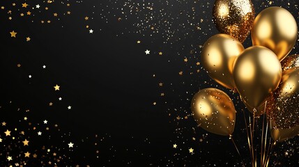 Banner with gold balloons and star confetti on black background