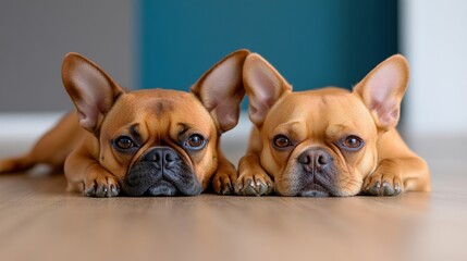 Two Calm French Bulldogs Lying on Wooden Floor.