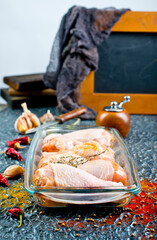 Wall Mural - Raw chicken drumsticks with seasonings in glass plate. Chicken legs ready to cook.