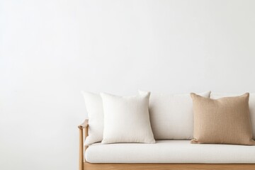 Wall Mural - Serene Minimalism in Neutral Living Room: Close-up of Sleek Fabric Sofa with Clean Lines and Soft Textures for Calm Ambiance