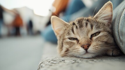 A gentle tabby cat with sleepy eyes resting its head on a weathered surface, capturing a moment of quiet and relaxation in a calm, urban environment.