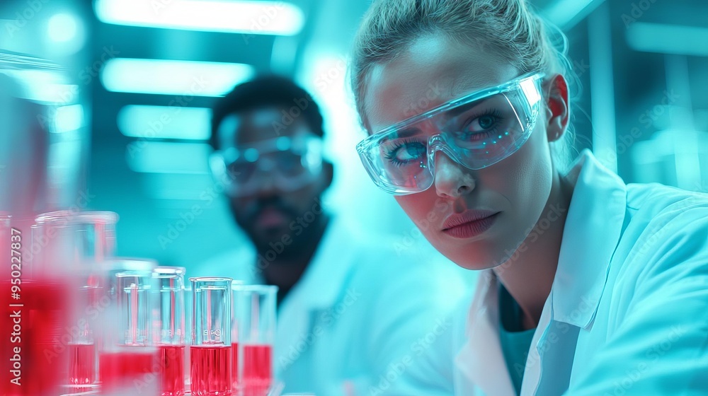 Focused scientists in lab coats working with red liquid in test tubes ...