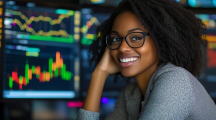 black woman trader analyzes stock growth chart	