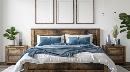 Rustic wooden bed with blue pillows and two bedside cabinets against white wall with three posters frames.