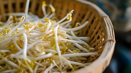 Basket filled with an abundance of fresh and vibrant green bean sprouts ready to be incorporated into a variety of culinary creations