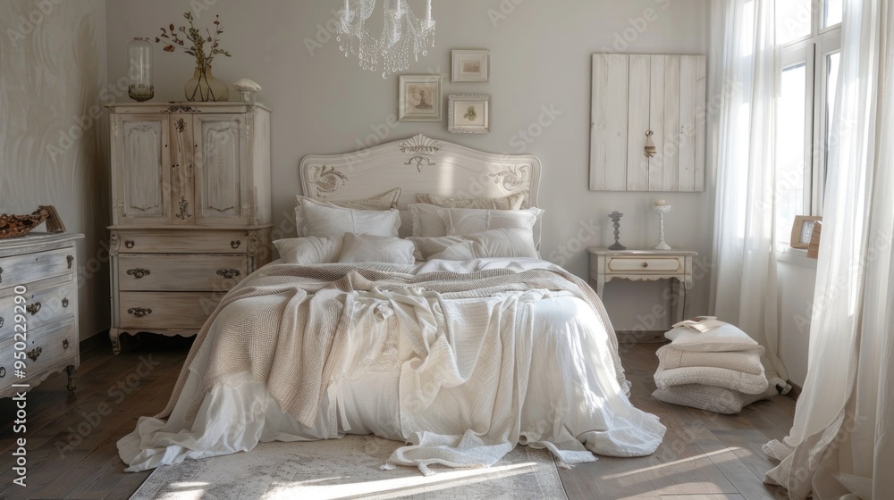Shabby chic interior design of modern bedroom. Stock Illustration ...