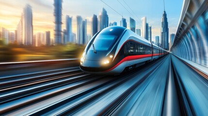 Fototapete - A high-speed electric train in motion on an elevated track, with a city skyline in the background, emphasizing the train's speed and efficiency.