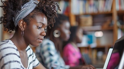 Poster - Young Female African-American Students Engaged in a Virtual Study Session in a Retro-Styled Dorm Room with Modern Technology, Afternoon Setting