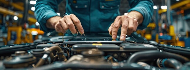 A mechanic works on a car engine in a workshop, focusing on a specific area.