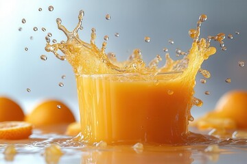 Wall Mural - dynamic orange juice splash frozen in time droplets suspended midair vibrant citrus hues contrast with crisp white background capturing refreshing energy