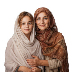 Poster - Portrait of a smiling mother hugging her daughter, isolated on a transparent background, cut out