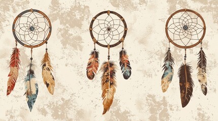 Wall Mural - Retro boho patterns with earthy tones, feathers, and dreamcatchers in a vintage style