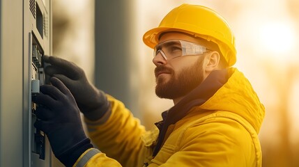 A professional worker in a yellow helmet interacts with an electrical panel during a warm sunset, showcasing safety and diligence.