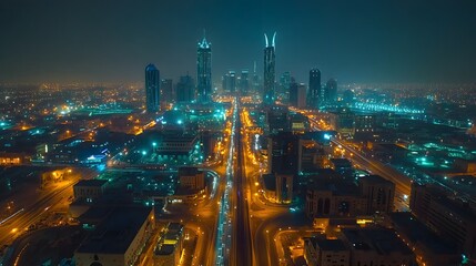 Wall Mural - Stunning night cityscape of a modern metropolis with vibrant lights and towering skyscrapers.