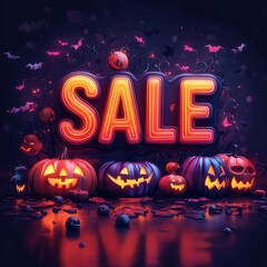 Wall Mural - Bright Halloween sale sign with carved pumpkins, bats, and festive decorations. Perfect for seasonal promotions and advertisements.