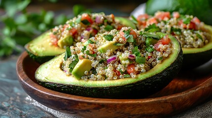 Quinoa salad stuffed into avocados�a fresh, healthy vegan delight.