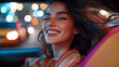 © AI Visual Vault - Night Ride Joy: A young woman with a radiant smile, her hair flowing in the wind, enjoys a carefree ride through the city at night.