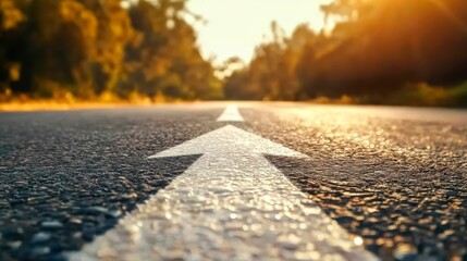 An asphalt road with an arrow painted on it symbolizes growth, development and the path to success