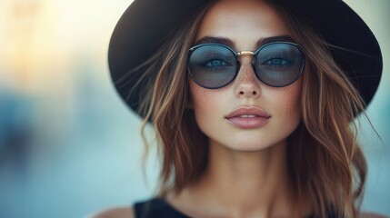 A fashionable woman wearing a black hat and oversized sunglasses, exuding confidence and sophistication with a modern and trendy style for the stock photo website.