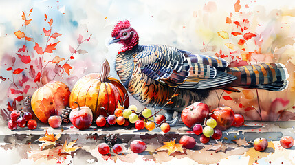 Turkey hunt with pumpkins, vegetables, pie, flowers and candles. Popular for sport hunting and on table at holidays. Thanksgiving celebration traditional dinner nature background.