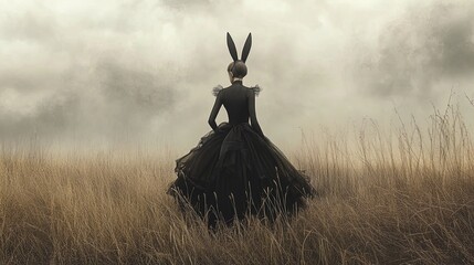 Enchanting Bunny-Eared Fantasy Character in Black Dress: A Striking Poster for Sports Interiors, Evoking Mystery in a Gloomy Landscape with Tall Grass and a Cloudy Sky