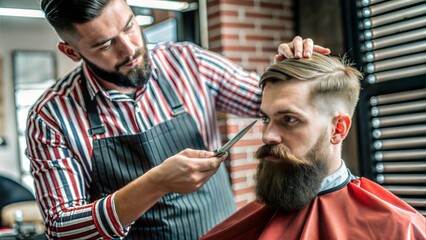 Poster - photo of barber using scissors and comb indoors