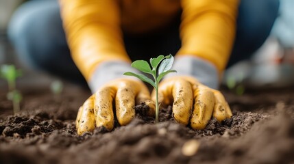 Bright yellow gardening gloves are seen planting a small green plant in fresh soil, showcasing activities related to gardening, nurturing, and plant growth.